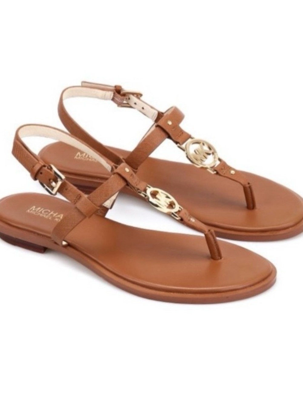 Michael Kors Brown Leather T‑Strap Sandals with Gold Emblem